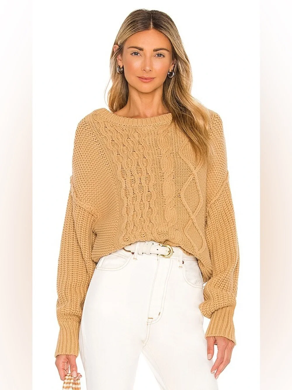 Free People Cable Knit Crewneck Sweater in Camel Tan